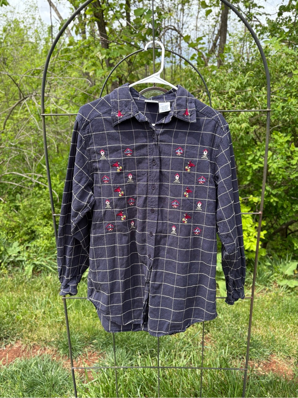 Vintage Bobbie Brooks Women’s Navy Windowpane Plaid Button-Up Long Sleeve Shirt
